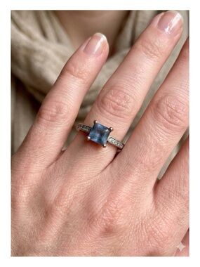 Vintage Blue Asscher Cut Gem With Crystal Stones on Band Size 8.25